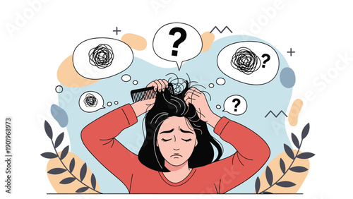Frustrated woman struggles with severely tangled hair and visible hair loss, surrounded by question marks and chaotic scribbled thoughts, symbolizing hair problems and stress.