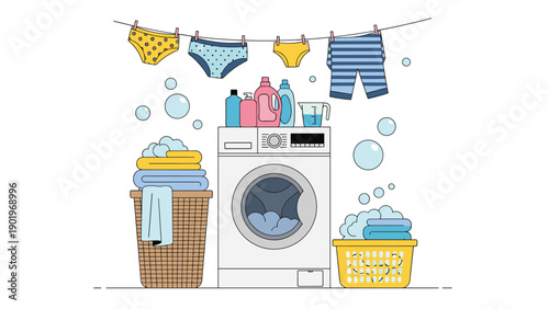 Classic laundry scene featuring a busy washing machine, overflowing laundry baskets, cleaning detergents, and colorful clothes drying on a line, depicting daily housework chores.
