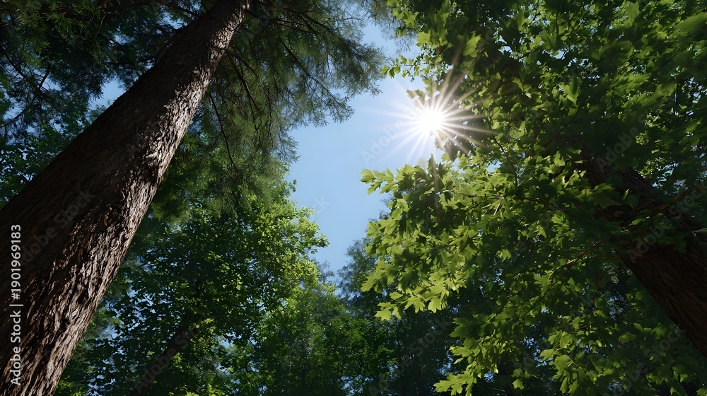 Fototapeta premium Sunlight filtering through a lush verdant forest canopy