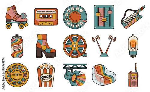 Retro 1970s Nostalgia Pop Art Element Kit for Vintage Lifestyle Branding and Media Projects