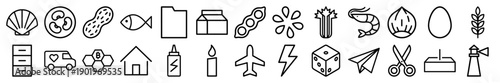 Miscellaneous icon set with vector pictograms of shellfish, peanut, milk, shrimp, egg, wheat, delivery van, house, airplane, and scissors, thin line illustration.