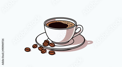 Cup of hot black coffee with espresso foam and coffee beans on a saucer