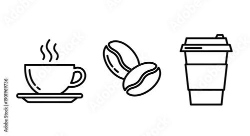 Set of Three Vector Icons: Coffee Cup, Coffee Beans, and Disposable Coffee Cup
