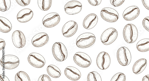 Seamless Pattern of Roasted Coffee Beans, Hand-Drawn Sketch Texture on White Background