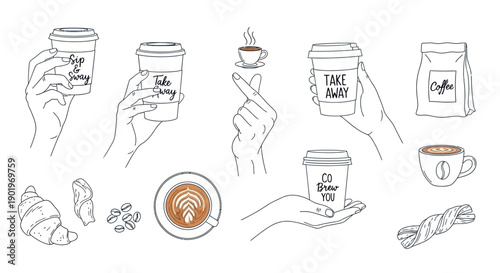 Art Coffee and Pastry Set with Hands, Cups, Beans, and Croissant