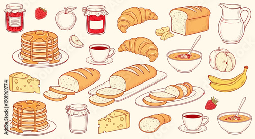 Wholesome Breakfast Spread: Pancakes, Croissants, Bread, Fruit, and Coffee Assortment