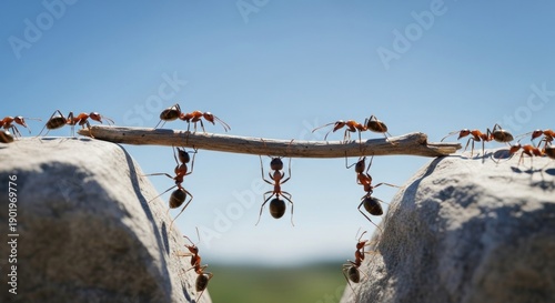Teamwork makes the dream work Ant team building bridge illustrating corporate culture values and business collaboration