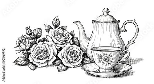 Elegant Tea Set with Delicate Roses: Vintage Sketch for Timeless Ambiance