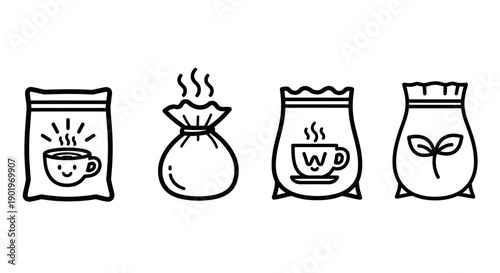 Set of stylized icons representing coffee or tea bags and a plant sprout in a bag