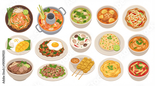 Authentic Thai Traditional Food Vector Collection with Transparent Background