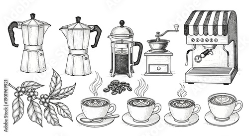 Vintage Coffee Brewing Equipment and Hot Drinks Collection, Black and White Sketch