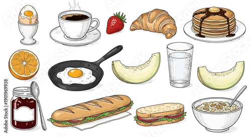 Assortment of Delicious Breakfast Foods and Drinks in a Charming Illustration Style