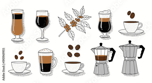 Various Coffee Drinks, Beans, and Brewing Equipment Illustrated