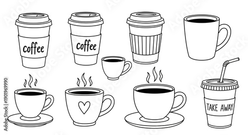 Collection of Hand-Drawn Coffee Cups and Mugs with Various Designs