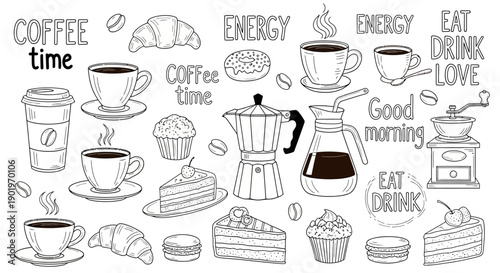 Collection of Hand-Drawn Coffee Shop Items and Pastries, Vector Illustration