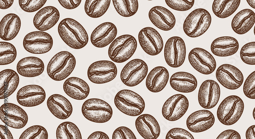 Seamless Pattern of Hand-Drawn Coffee Beans on a Light Beige Background, Coffee Element