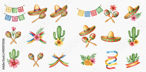 Watercolor collection of Mexican fiesta elements for celebration.