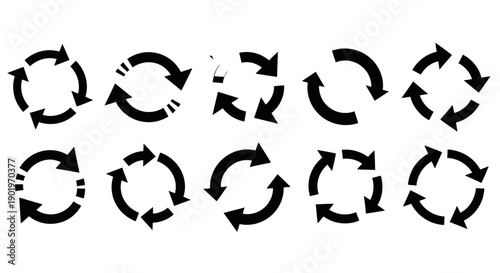 Collection of Circular Arrow Icons for Recycling, Rotation, and Process Flow in Vector Graphics