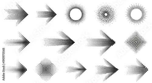 Collection of Dynamic Halftone Arrows and Circular Graphic Elements with Square Patterns