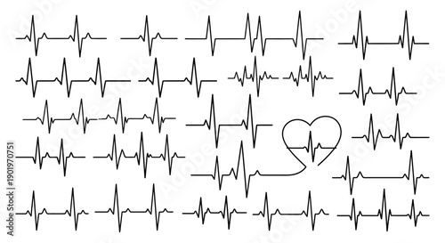 Collection of diverse heartbeat EKG wave patterns and lines on white background