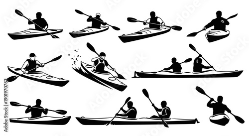 Kayaking Silhouette Collection: Diverse Poses of People in Water Sports
