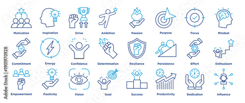 motivation icon set featuring inspiration, drive, ambition, passion, purpose, focus, discipline, energy, commitment, mindset, confidence. line editable illustration