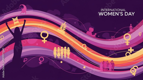 International women's day celebration with wavy colorful stripes and gender symbols