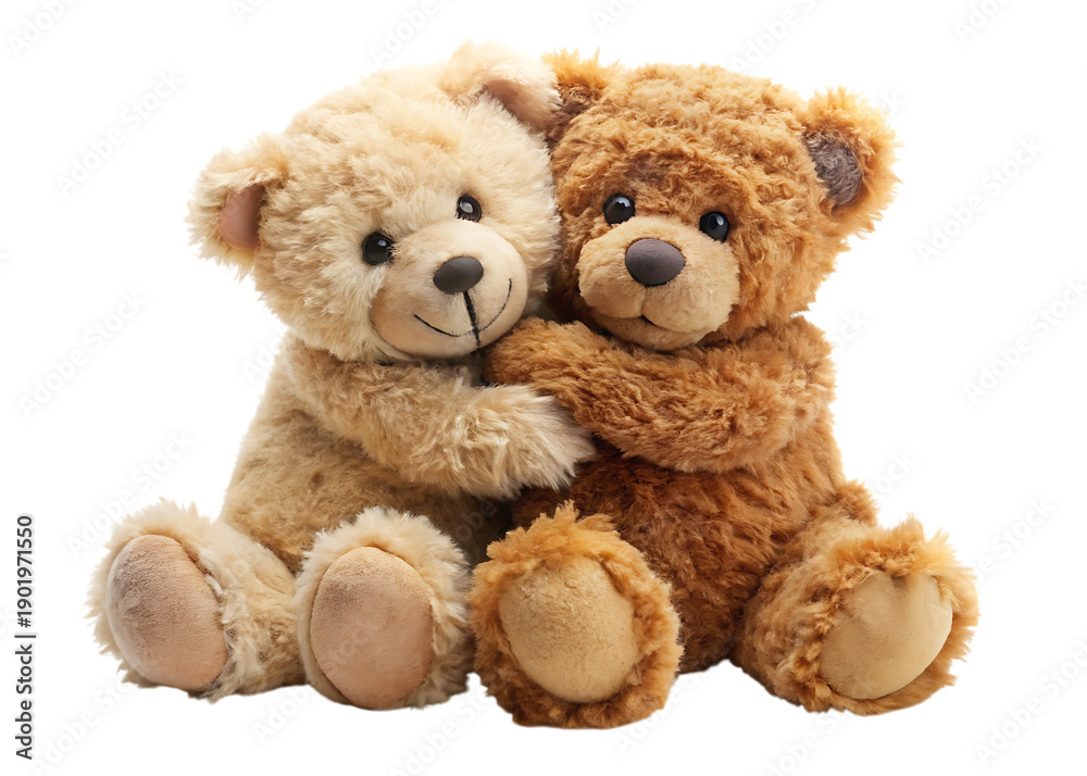 Fototapeta premium Two teddy bears hugging each other on black background