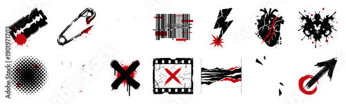 Grungy Punk Rock Aesthetic Distorted Graphics Element Kit for Alternative Urban Streetwear Design