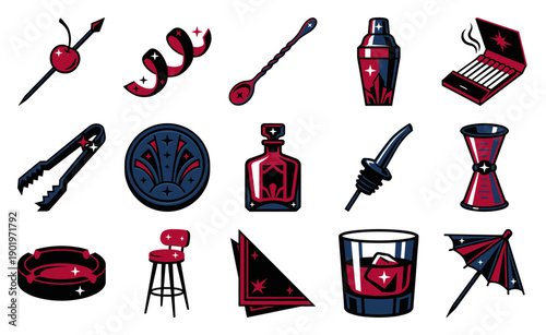 Retro Art Deco Barware and Cocktail Element Kit for Speakeasy Lounge and Nightlife Branding