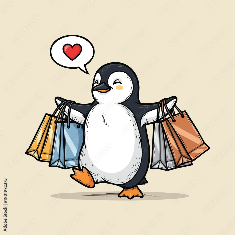 Obraz premium Happy penguin cartoon character with shopping bags and a heart speech bubble.