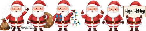 Cute Santa Claus characters set holding gifts lights sign and sack isolated on white background Christmas holiday cartoon vector illustration