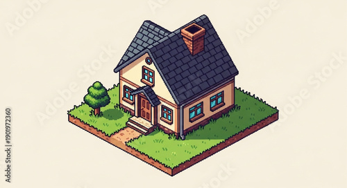 Charming Isometric Cartoon House with Green Lawn and Tree.