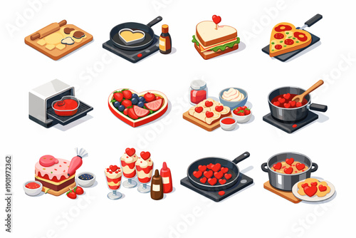 Romantic Heart-themed Food Isometric Illustrations