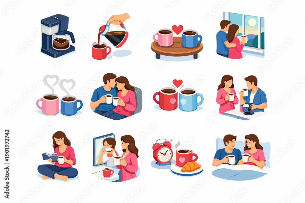 Fototapeta premium Coffee Morning Scenes Illustration Set