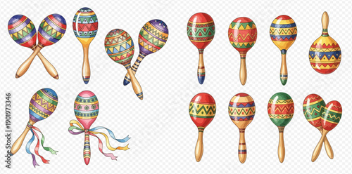 Vibrant collection of watercolor maracas with colorful patterns and ribbons, isolated on a transparent background.