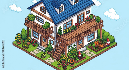 Charming Isometric House with Lush Garden and Balconies.