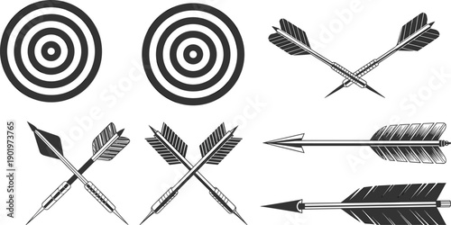 Large Set of Black and White Archery Targets and Crossed Arrows Illustrations Featuring Bullseye Boards and Darts for Competitive Sports Goal Setting and Success Design