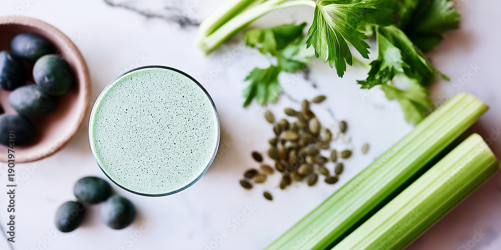 Obraz premium Green detox smoothie with fresh celery stalks, pumpkin seeds, and plant based superfoods for a healthy lifestyle
