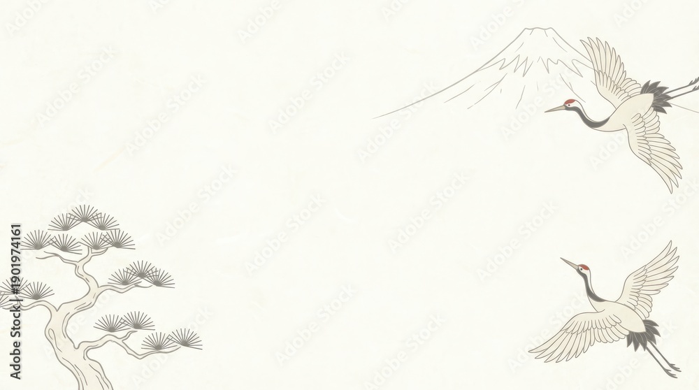 Fototapeta premium Cranes in flight celebrating nature's beauty mount fuji background traditional artwork serene environment artistic viewpoint japanese culture representation