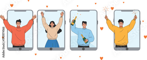 People celebrating through smartphone screens with fireworks hearts and raised hands isolated on white background modern cartoon vector illustration
