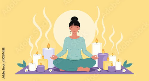 A serene woman meditating in a lotus pose amidst glowing candles and soft yellow light, vector illustration