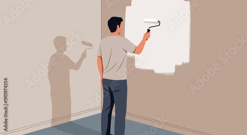 Man painting a white wall with a roller, interior room scene, vector illustration