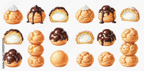Set of delicious cream puffs with chocolate and whipped cream fillings, whole and cut, on a transparent background.