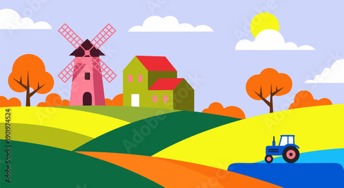 Charming countryside vector illustration depicting a farm with a windmill, tractor, and rolling hills under a sunny sky