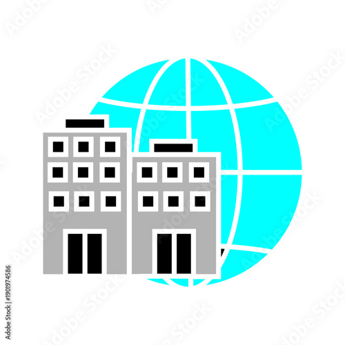 Outline icon of office buildings with globe symbol representing international business and corporate network.