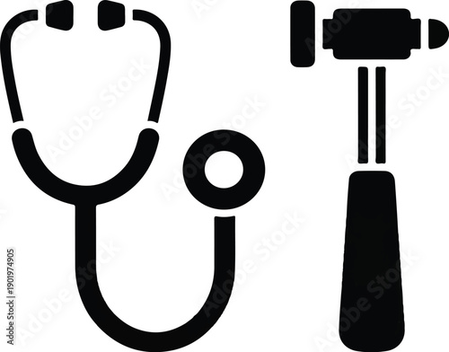 Simple black icon of a stethoscope and a reflex hammer on a white background, representing medical diagnosis and healthcare.