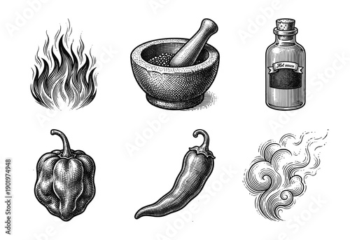 Set of vintage woodcut style illustrations featuring chili peppers, hot sauce bottle, mortar and pestle, fire, and smoke elements.