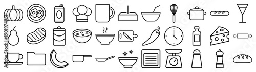 Kitchen and cooking line icon set. Vector pictograms of pumpkin, chef hat, whisk, pot, baguette, steak, chili, cheese, rolling pin, scale, salt, thin outline graphic.