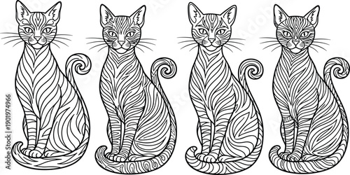 Intricate Hand Drawn Zentangle Cat Illustrations Featuring Ornate Patterned Line Art Feline Silhouettes for Adult Coloring Pages Creative Art Therapy and Zen Meditation Design Projects